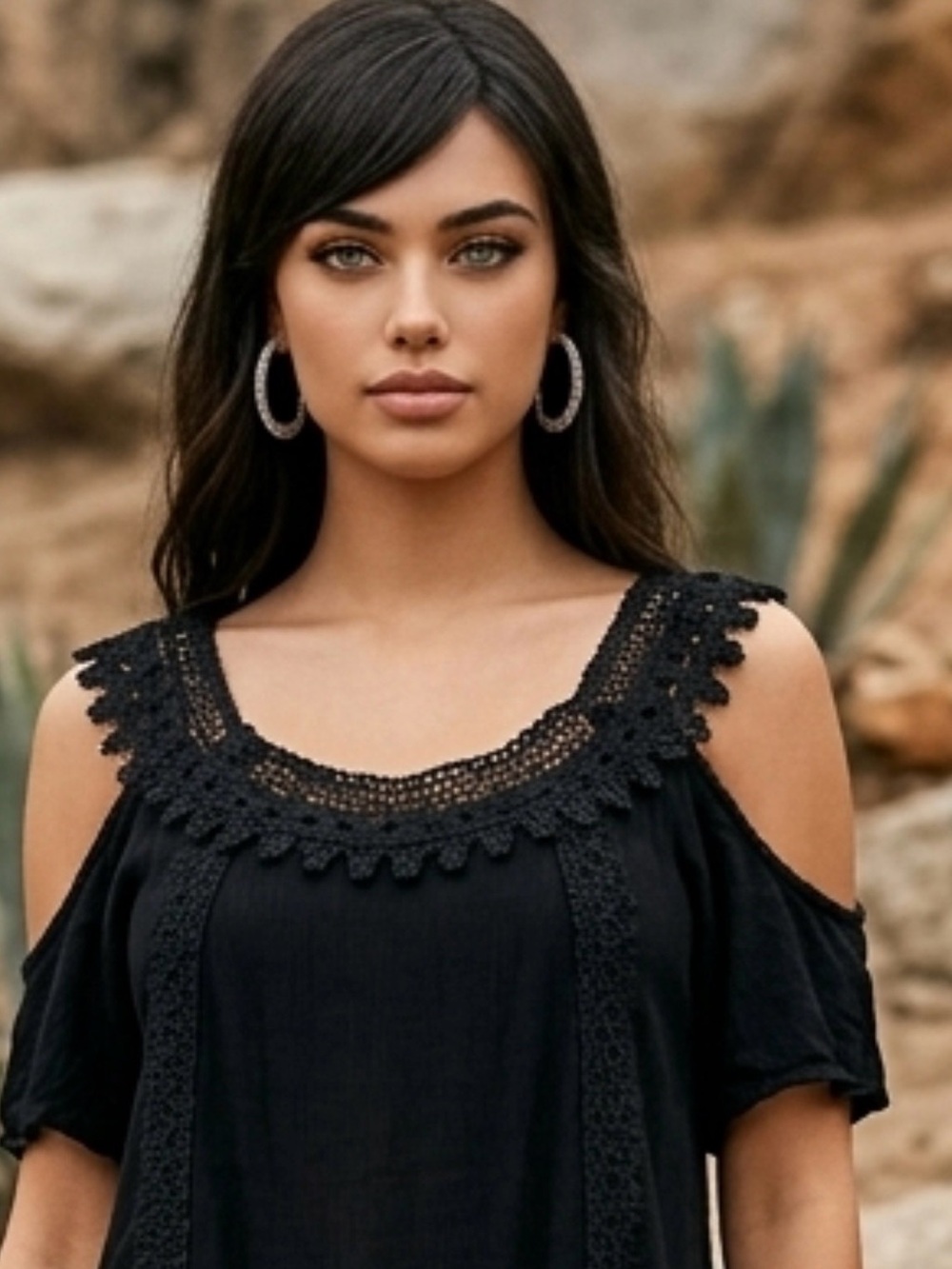 Nina Leonard Black Cold-Shoulder Crochet Trim Mini Dress